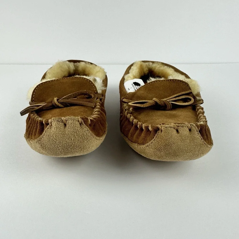 LL BEAN Kids Brown Suede Shearling‎ Lined Wicked Good Moc Slippers Size 3